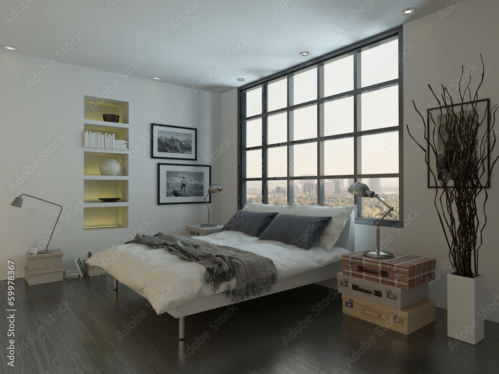 Bedroom interior with king size bed against huge window Stock