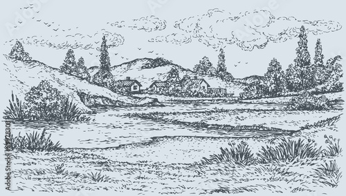 Vector landscape. Village on the lake in the hills