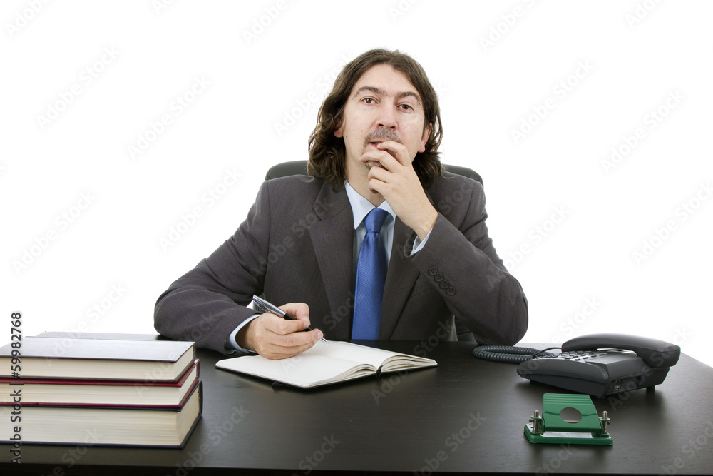 Businessman sitting at the desk, Isolated on white Businessman sitting at the desk, Isolated on white