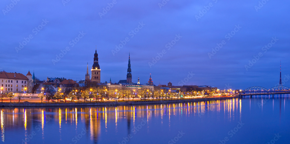 Christmas riverside view of old city of Riga, Latvia