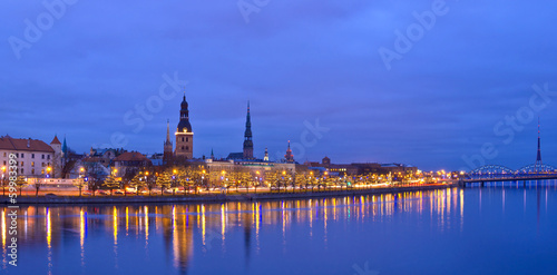 Christmas riverside view of old city of Riga, Latvia