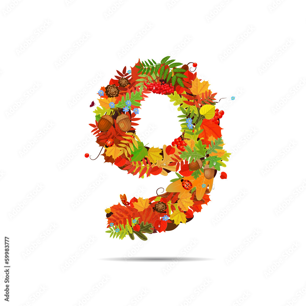 Number from autumn colorful leaves 9