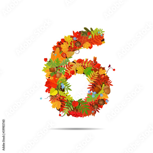 Number from autumn colorful leaves 6