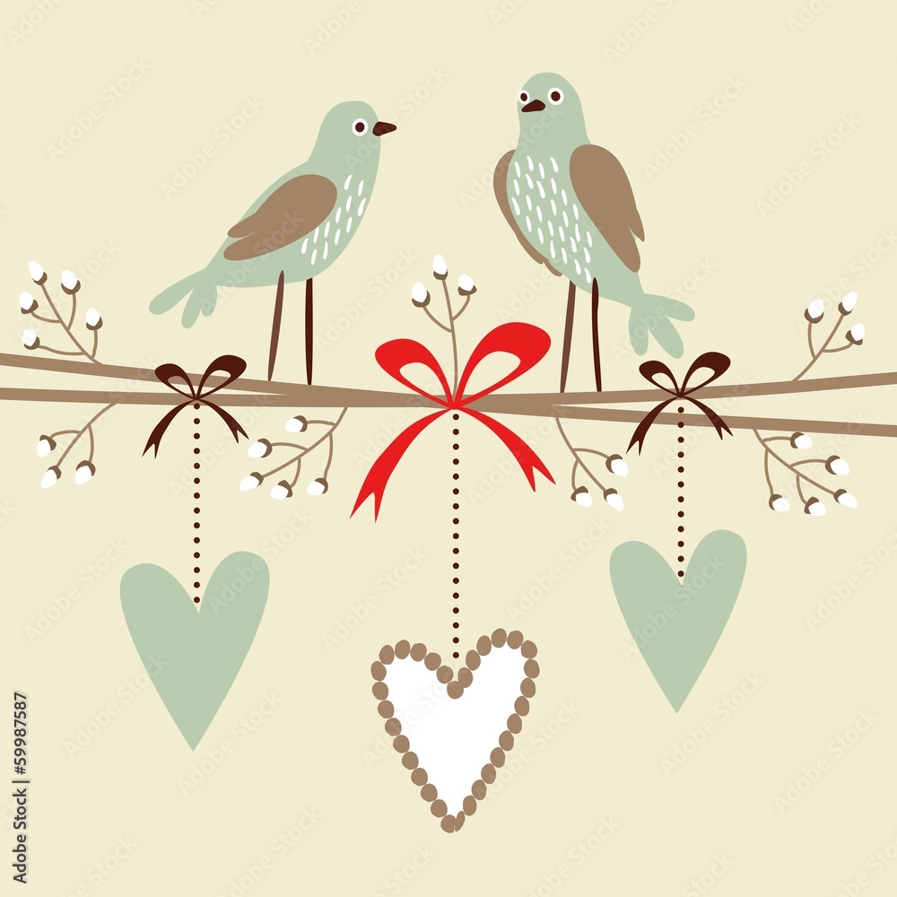 wedding, birthday card with birds, hearts, blossom twigs