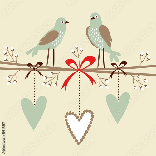 wedding, birthday card with birds, hearts, blossom twigs