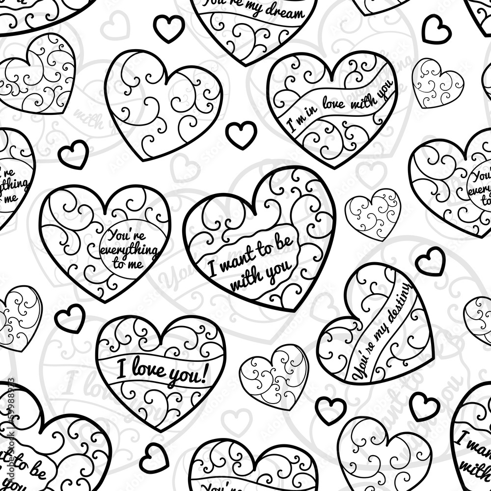 Seamless pattern of hearts, black on white Seamless pattern of hearts, black on white