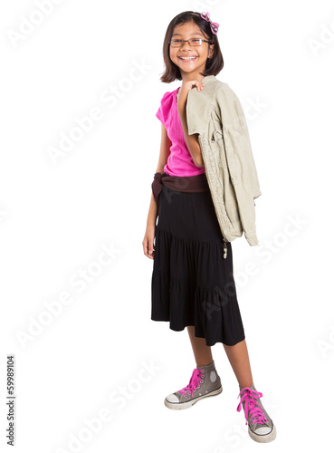 Young girl with a jacket over white background