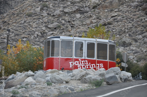 PALM SPRINGS, CALIFORNIA - DEC 16: Palm Springs Aerial Tramway in Palm Springs, California, as seen on Dec 16, 2013. These original tram cars are on static display near the entrance to Valley Station.