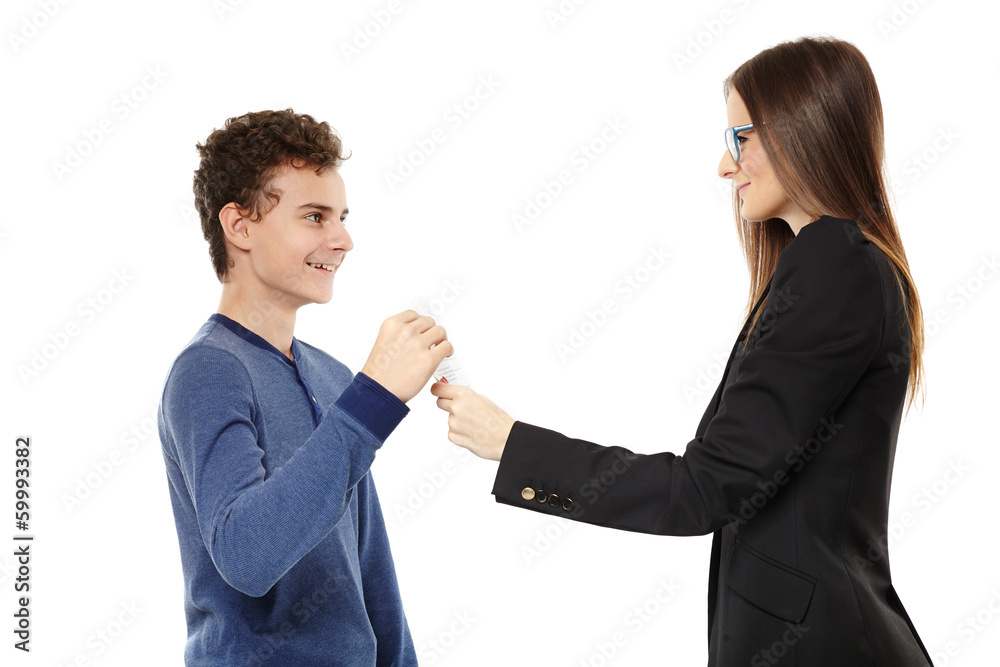 Teacher giving the student the test paper results Teacher giving the student the test paper results