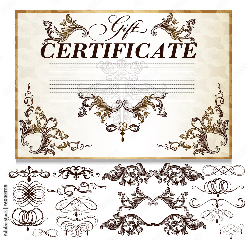 Gift certificate set  with decorative calligraphic elements for
