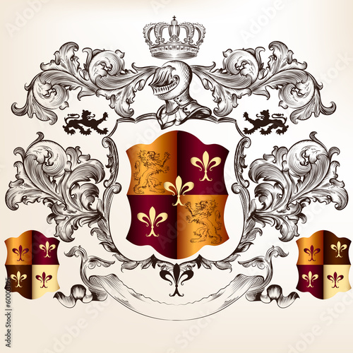 Heraldic design with coat of arms and shield