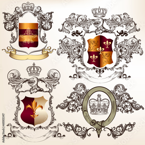 Vector set of detailed heraldic design with coat of arms and shi