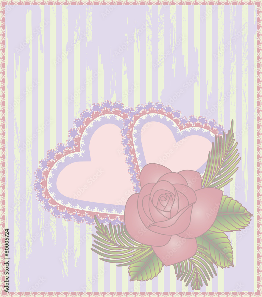 Valentines day invitation card with two hearts and rose