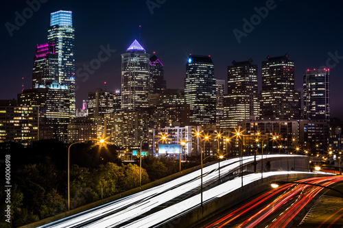 Philadelphia skyline with traffic on Schuylkill expressway photo