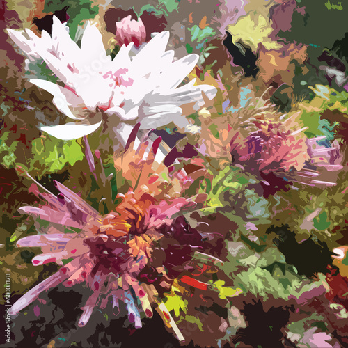 Abstract floral background with applique stylized chrysanthemums