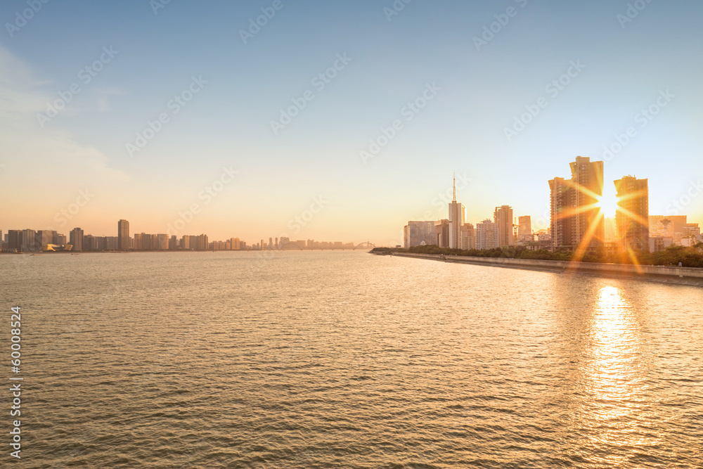 cityscape with sunset