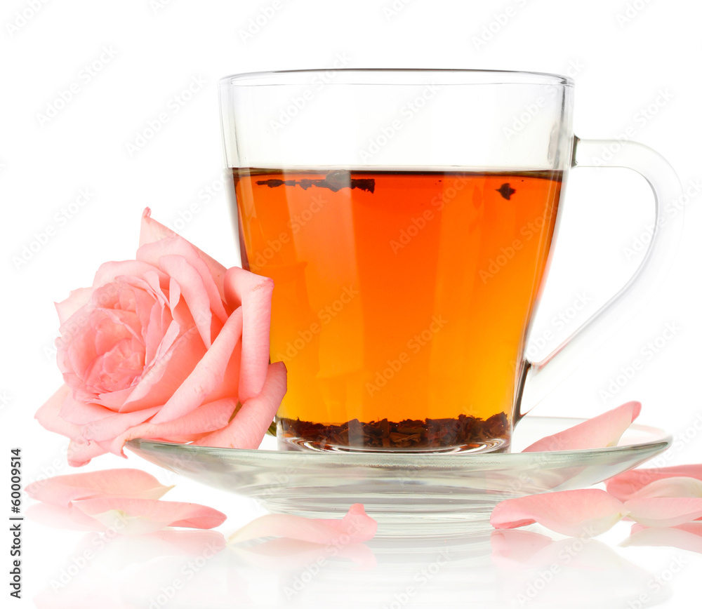 cup of tea with rose isolated on white cup of tea with rose isolated on white