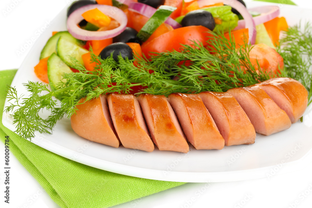 Grilled sausage with fresh salad close up Grilled sausage with fresh salad close up
