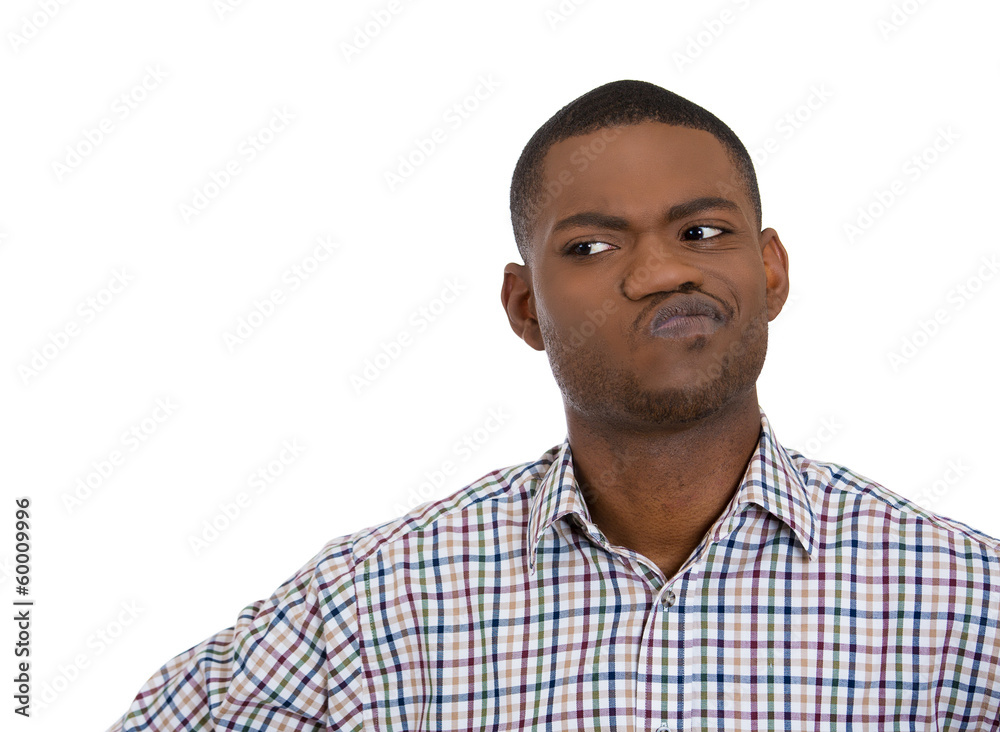 portrait skeptical young man looking suspicious white background Stock  Photo | Adobe Stock
