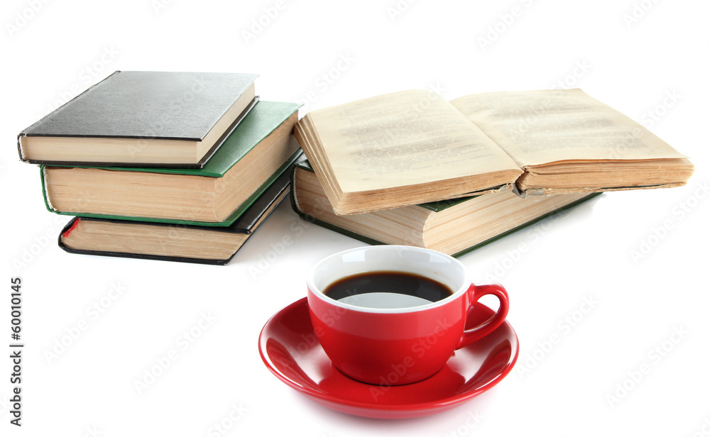 Cup of coffee and books isolated on white
