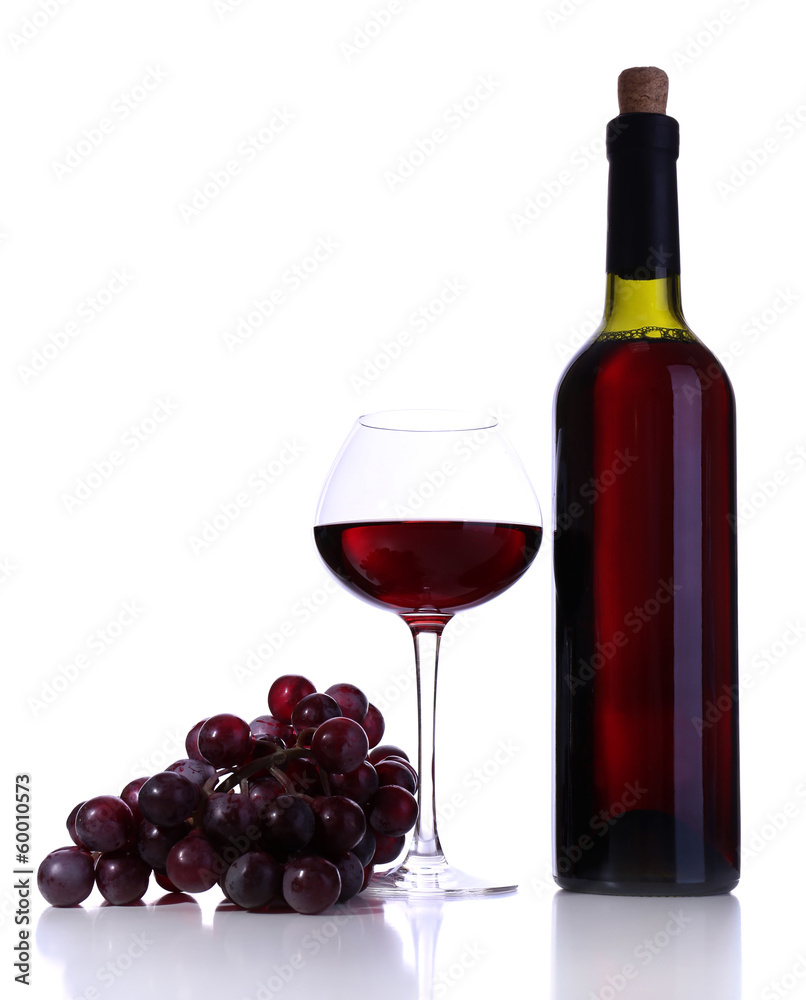Wineglass with red wine, grape and bottle isolated on white Wineglass with red wine, grape and bottle isolated on white
