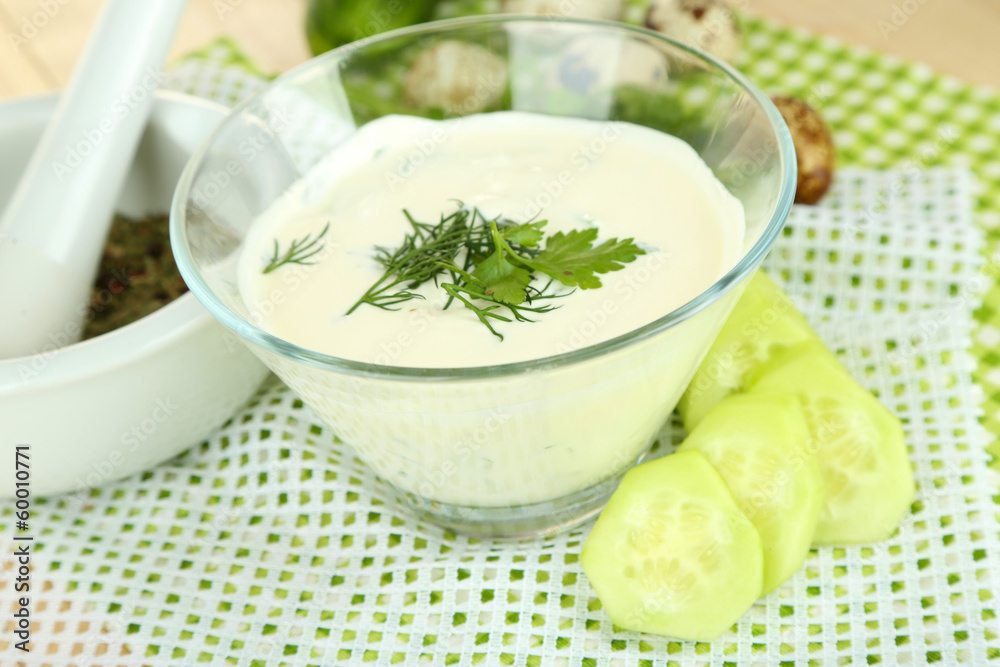 Cucumber yogurt in glass bowl, Cucumber yogurt in glass bowl,