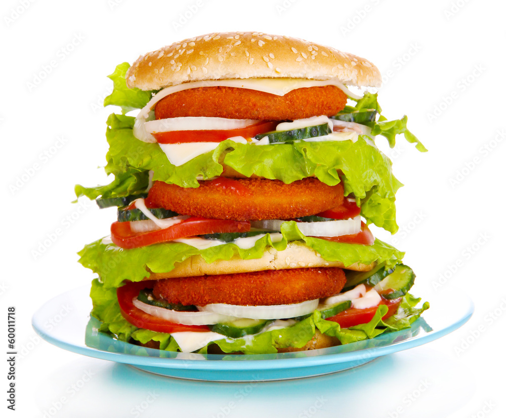 Huge burger on color plate, isolated on white Huge burger on color plate, isolated on white