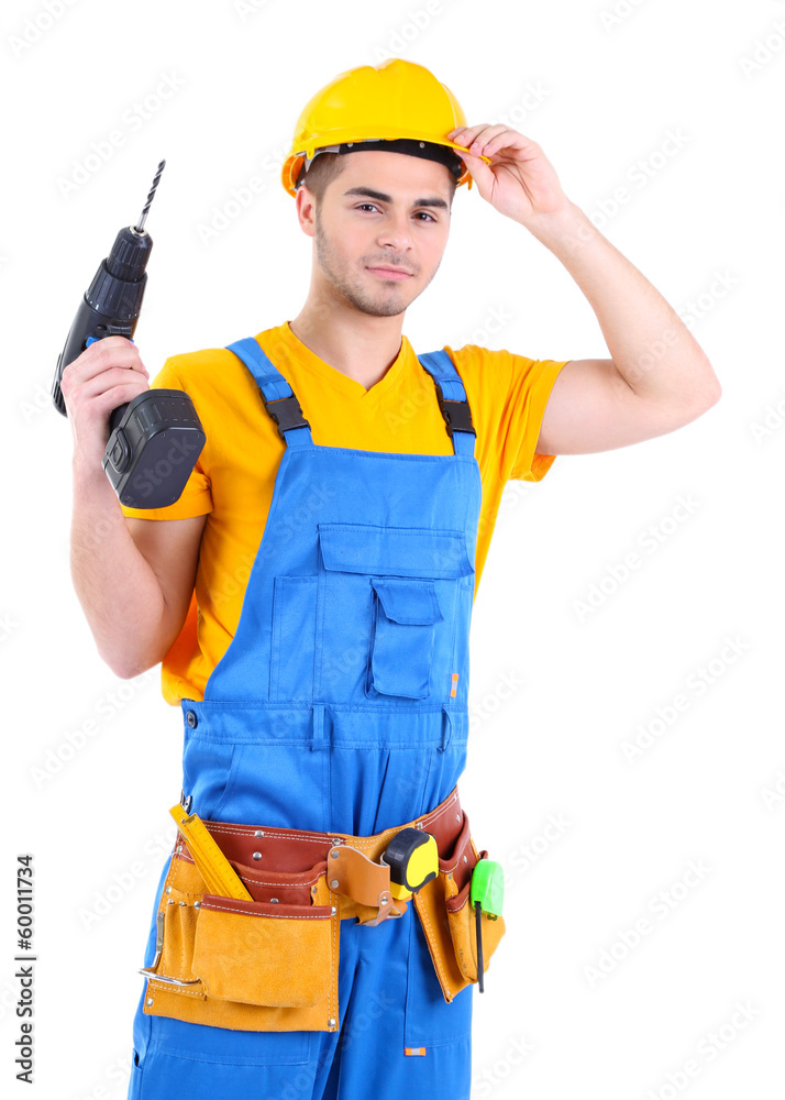 Male builder in yellow helmet isolated on white Male builder in yellow helmet isolated on white