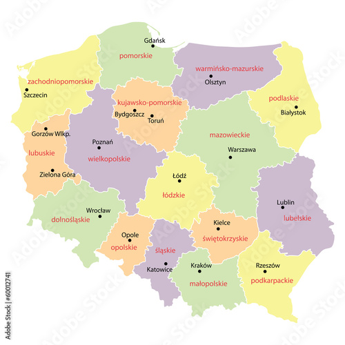 Naklejka na ścianę mapa Polski z województwami