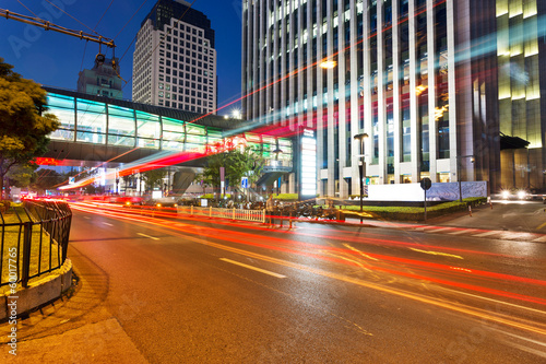 the light trails on the modern building background