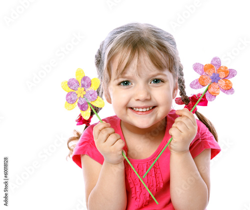 portrait of a little girl holding a flower, on a white backgroun