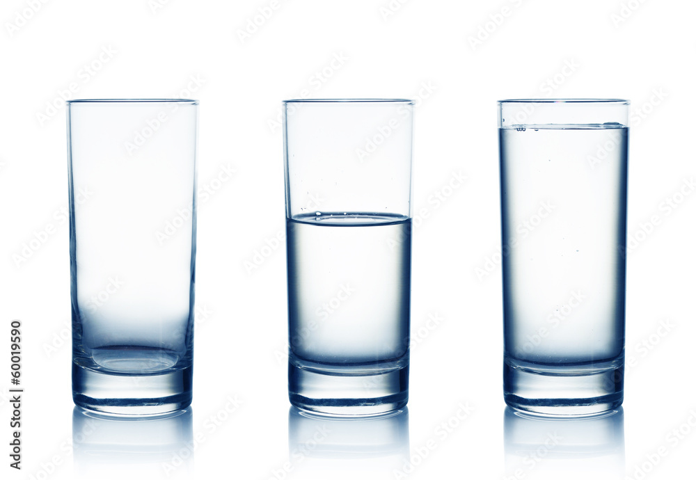 Empty,half and full water glasses . Isolated on white - obrazy, fototapety, plakaty 