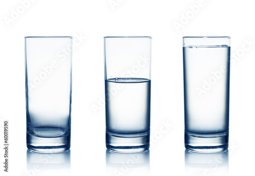 Empty,half and full water glasses . Isolated on white photo