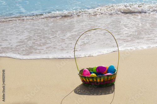 Easter basket with eggs on the beach