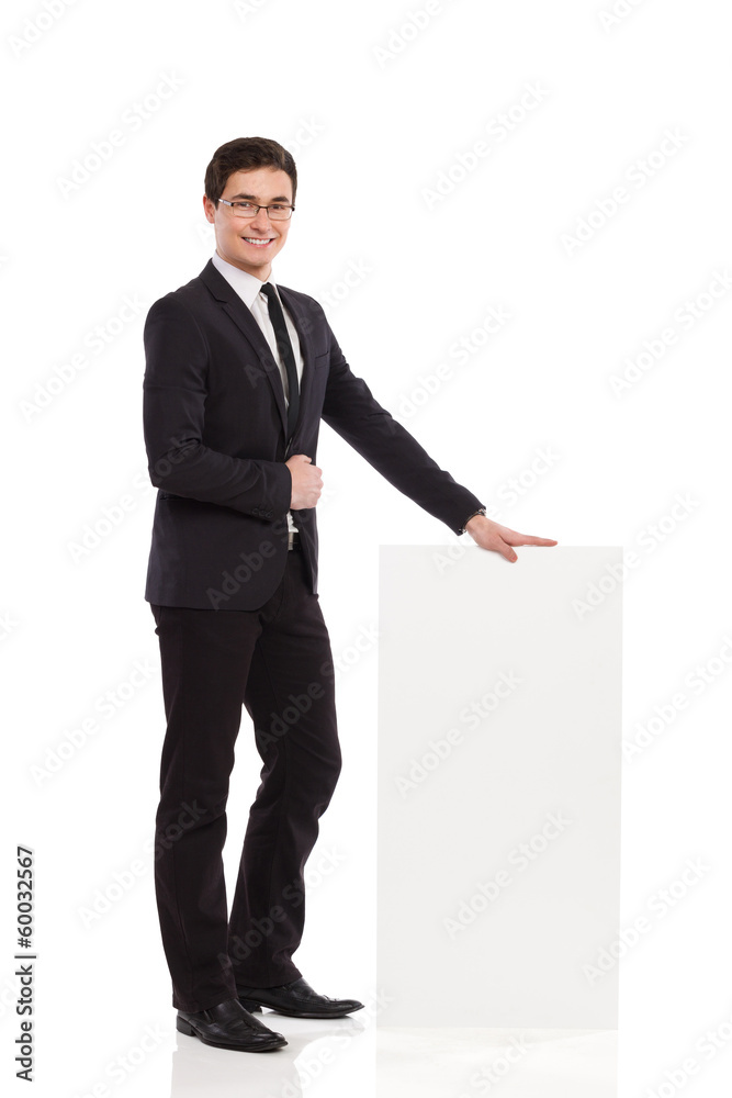 Smiling man presents voting results. Smiling man presents voting results.