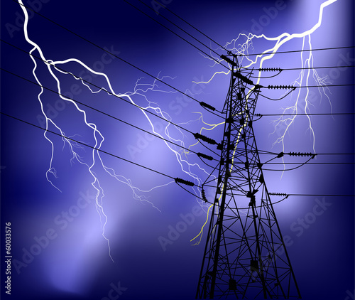 pylon with cables under lightnings