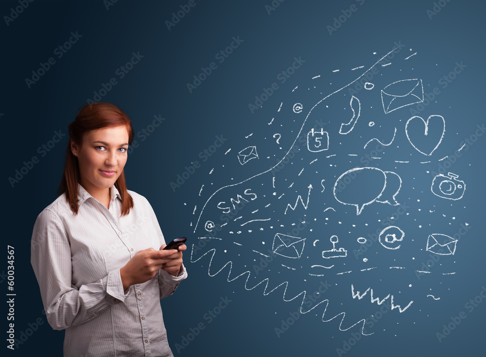 Girl typing on smartphone with various modern technology icons Girl typing on smartphone with various modern technology icons