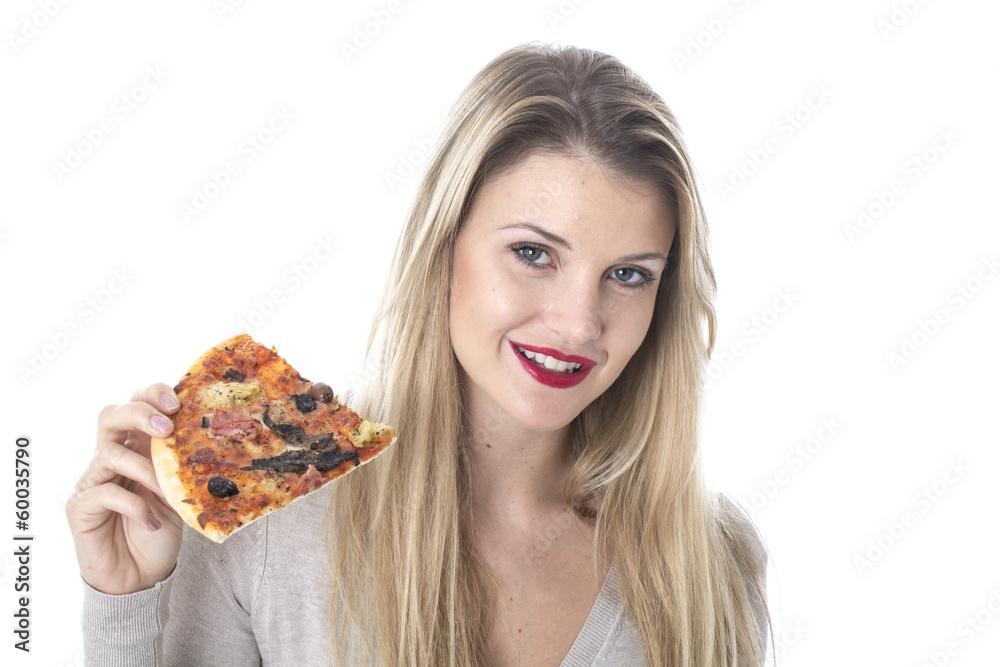 Young Woman Eating Pizza