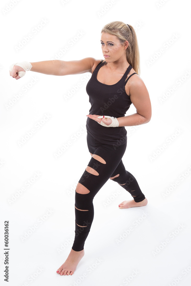 Beautiful mixed martial actress isolated on white background Beautiful mixed martial actress isolated on white background