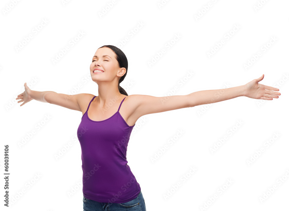smiling girl in blank purple tank top waving hands smiling girl in blank purple tank top waving hands
