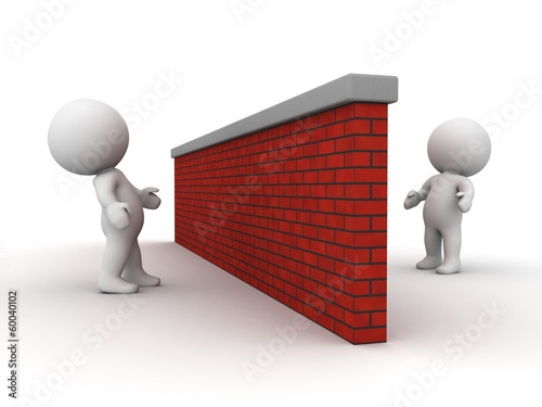 3D men looking at each other from opposite sides of brick wall