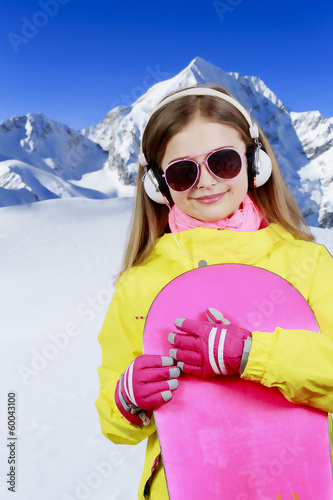 Snowboard, snowboarder girl, sun and fun