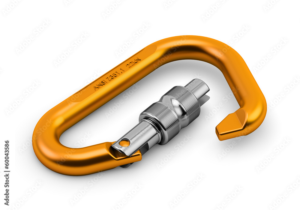 Carabiner mountaineering safety equipment isolated on white Carabiner mountaineering safety equipment isolated on white