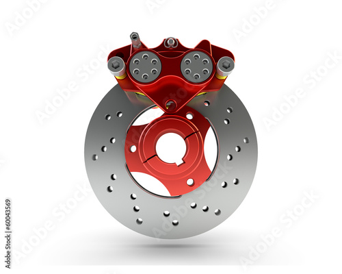 Brake Disc and Red Calliper from a Racing Motorbike isolated on