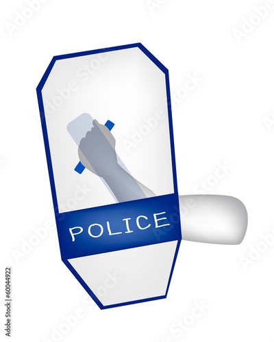 Hand Holding A Blue Riot Shield on White Background