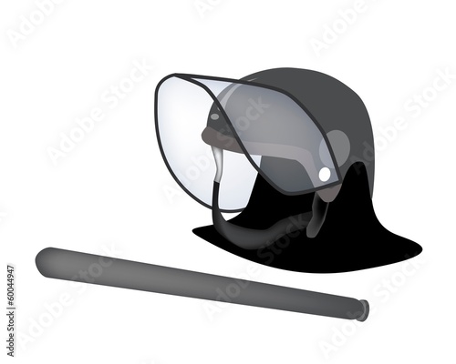 Police Helmet and Nightstick on White Background