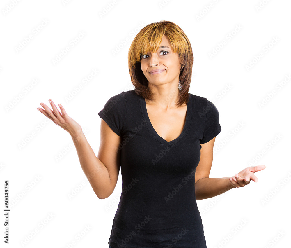 Fototapeta premium Clueless woman asking so what is the problem, who cares?