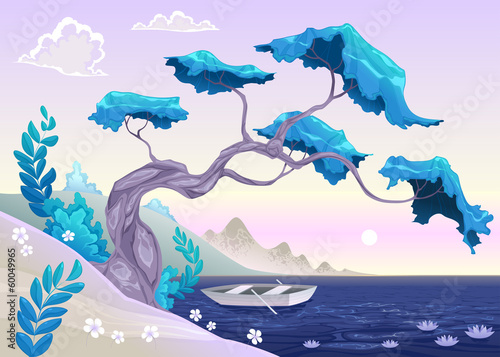 Romantic landscape with tree and water.