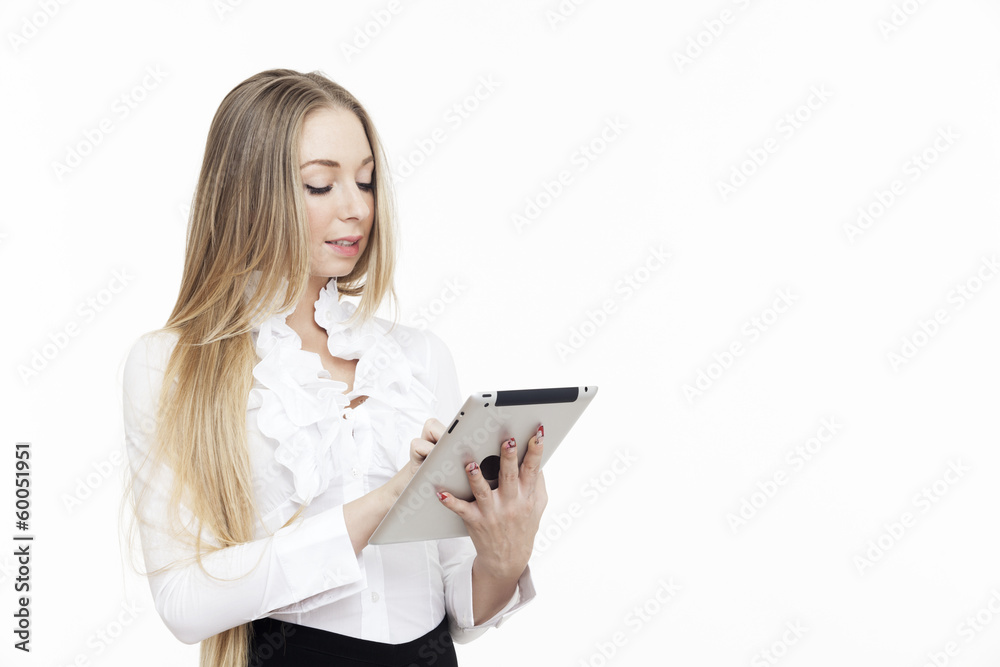 young business woman smiling using touch pad tablet pc isolated young business woman smiling using touch pad tablet pc isolated