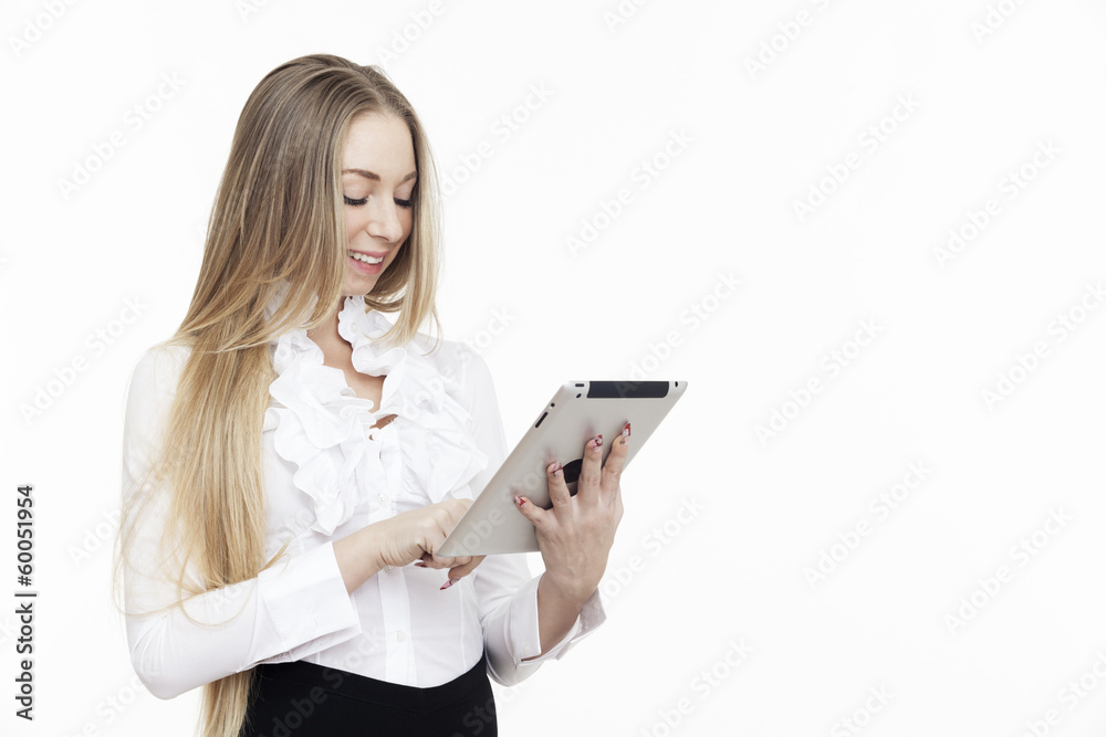 young business woman smiling using touch pad tablet pc isolated young business woman smiling using touch pad tablet pc isolated